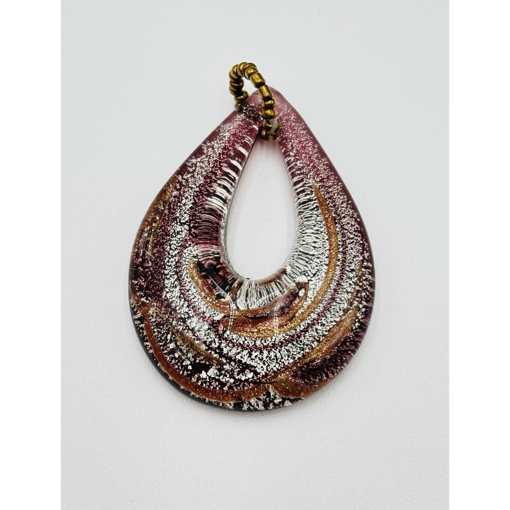 Art Glass Teardrop Pendant Murano Style Pink Gold Silver Swirl Necklace Charm